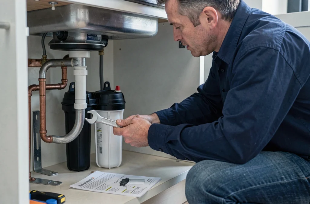 Technicien installant un système de filtration d'eau multi-étapes sous un évier de cuisine