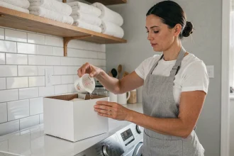 Femme versant de la lessive en poudre sans parfum dans un verre doseur au-dessus d'un lave-linge moderne