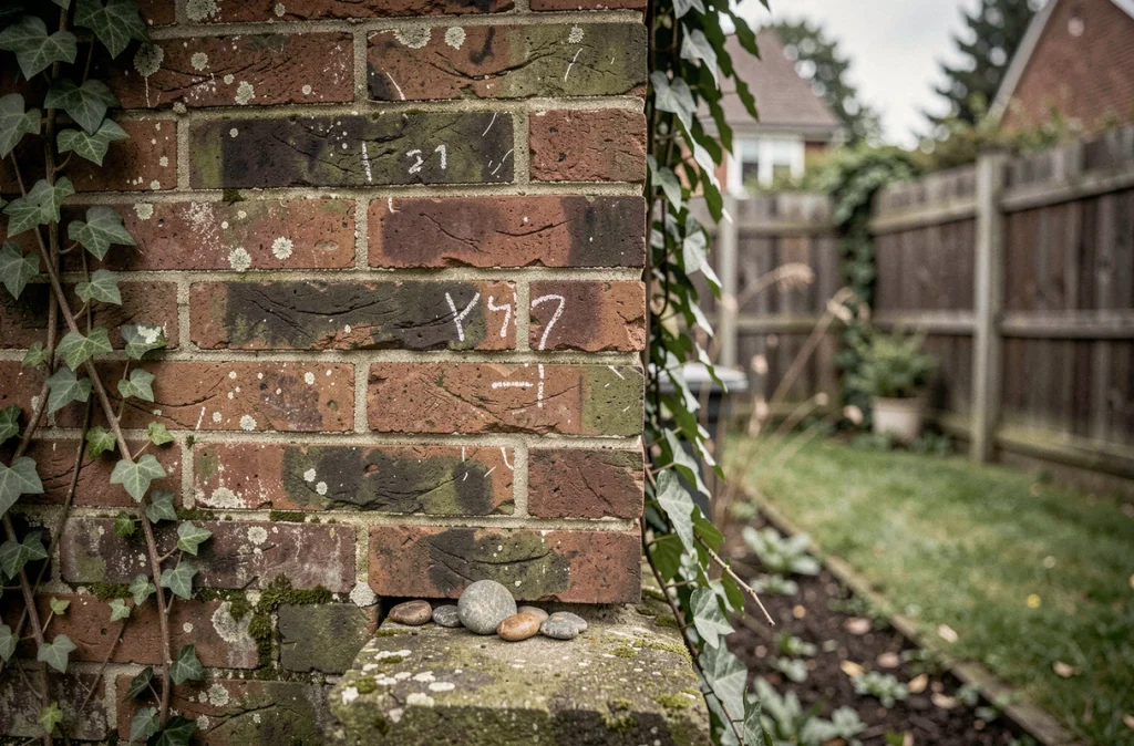 Marques discrètes et cailloux insérés dans un mur de jardin extérieur, méthodes de marquage utilisées par les cambrioleurs pour identifier les maisons ciblées