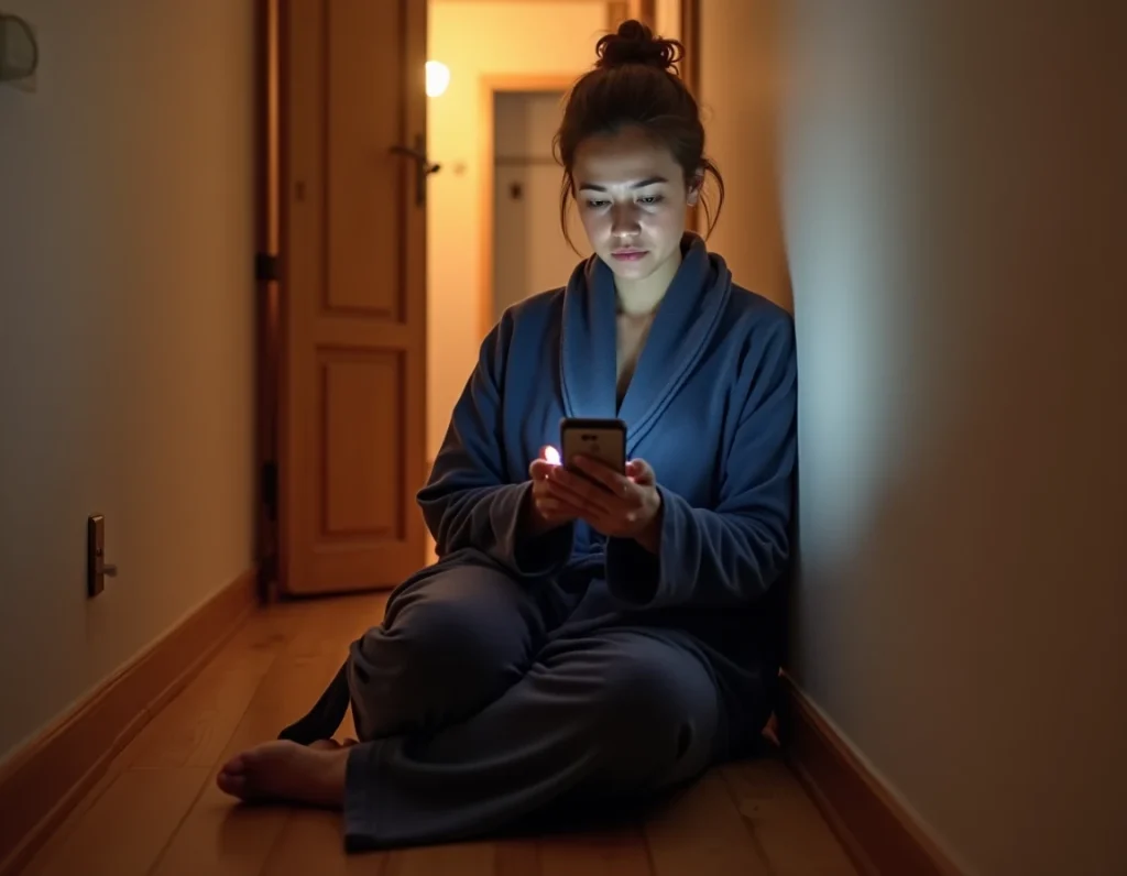 Mère en robe de chambre consultant son téléphone dans le couloir après une fausse alarme incendie nocturne