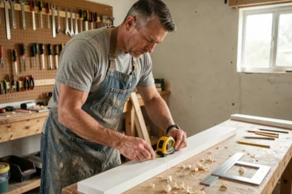 Bricoleur mesurant une plinthe en MDF sur un établi en bois avec un mètre ruban et une équerre