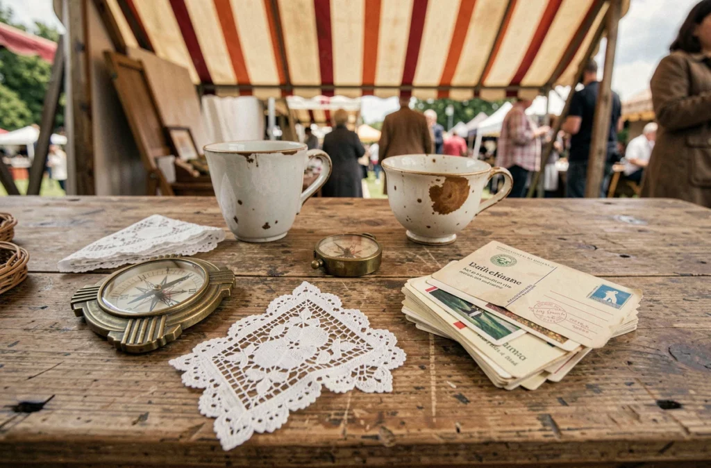 Objets chinés et trouvailles vintage disposés sur une table de vide grenier à Montpellier