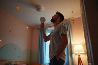 Père inspectant un détecteur de fumée dans une chambre d'enfant la nuit