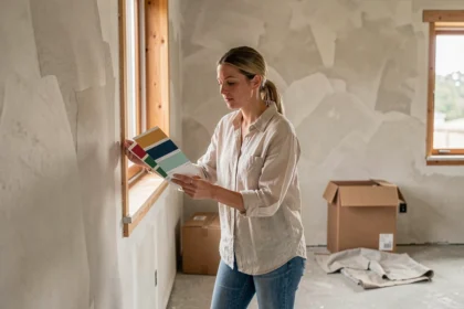 Femme comparant des échantillons de peinture dans une maison neuve en cours de personnalisation