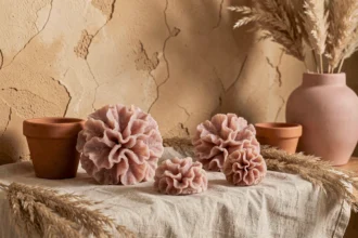 Pierre rose des sables posée sur un tissu en lin brut avec une décoration intérieure minimaliste et des accessoires en céramique terracotta