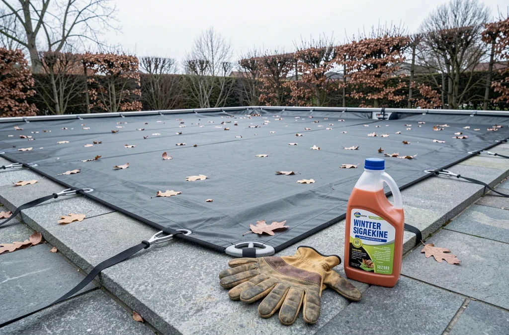 Piscine extérieure hivernée avec bâche de protection tendue, gants et produit d'hivernage posés sur la margelle