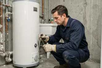 Plombier professionnel inspectant l'anode d'un chauffe-eau lors d'un entretien après détartrage complet