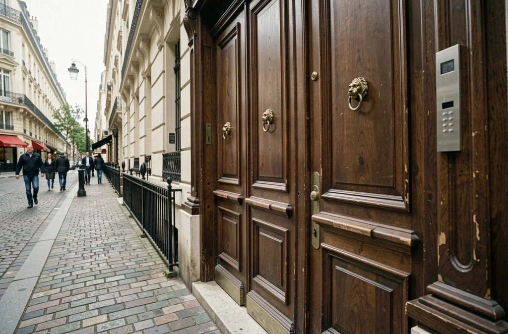 Porte cochère en bois haussmannienne avec interphone moderne intégré sur façade parisienne en pierre de taille