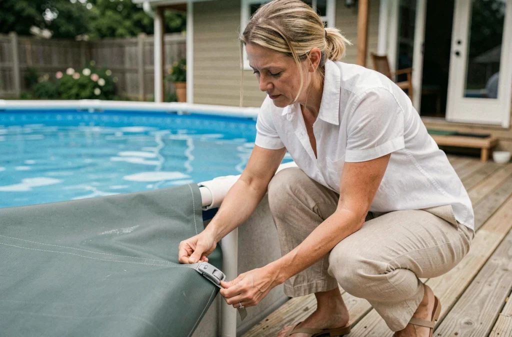 Femme installant une couverture de sécurité rigide avec verrouillage sur une piscine hors-sol dans un jardin pavillonnaire