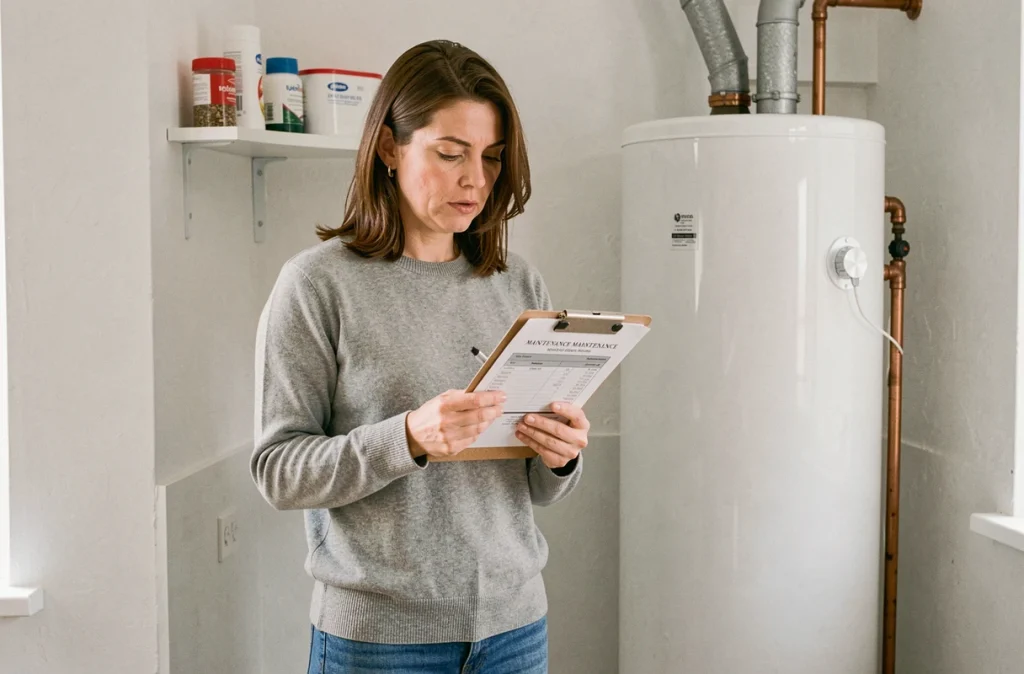 Femme consultant une facture d'entretien chauffe-eau après un détartrage complet à domicile