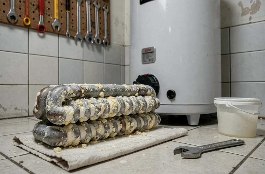 Résistance calcifiée d'un chauffe-eau posée sur un chiffon lors d'un entretien de détartrage complet