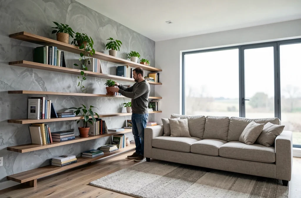 Salon personnalisé dans une maison neuve avec étagères en bois et mur en micro-ciment gris clair