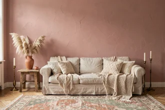 Salon bohème chic avec mur peint en rose poudré, canapé en lin ivoire et décoration en macramé et herbes de pampa