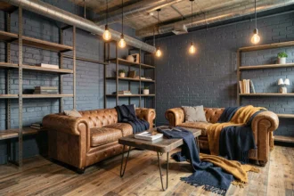 Salon style industriel chaleureux avec mur en brique bleu ardoise, étagères en acier brut et parquet en chêne vieilli