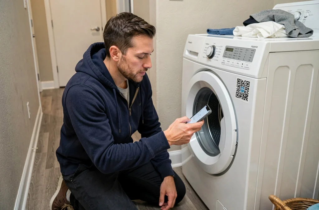 Homme scannant un QR code sur un lave-linge Whirlpool pour accéder à la notice en ligne