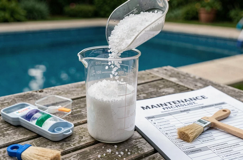 Gros plan sur du sel pour piscine versé dans une dosette avec un kit de test et une liste d'entretien sur une table en teck en plein air