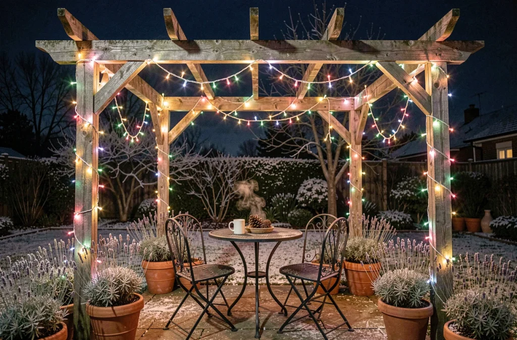 Terrasse de jardin décorée de guirlandes LED multicolores sur une pergola en bois en hiver