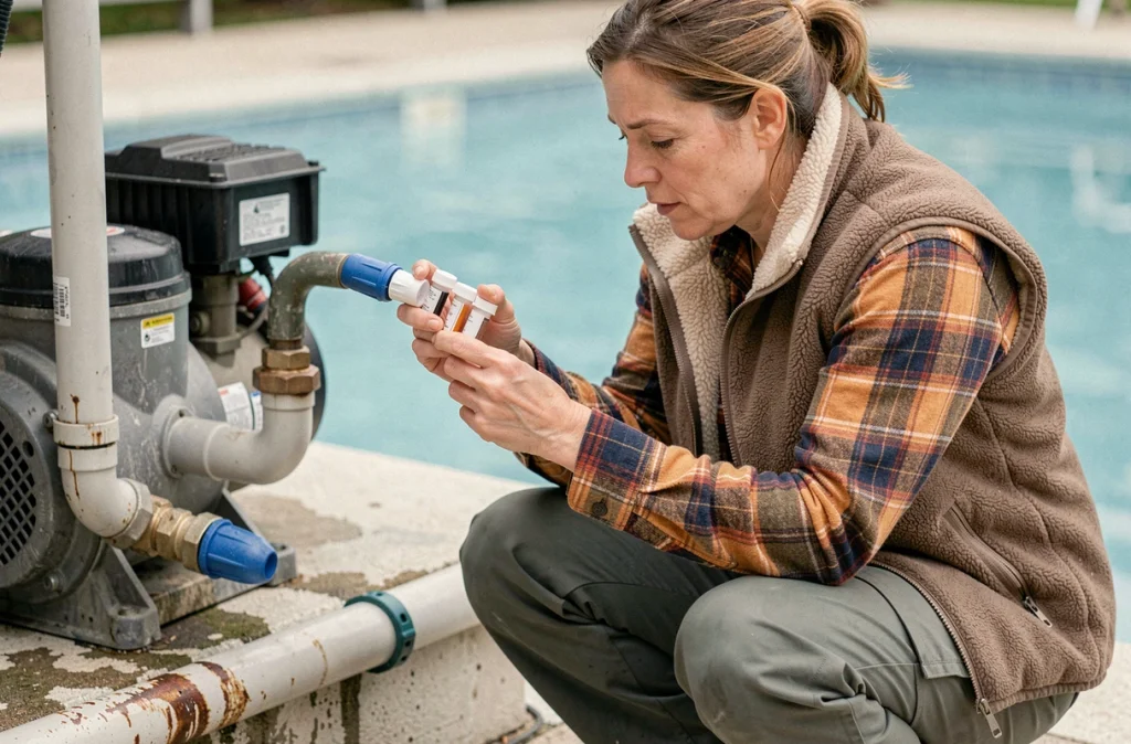 Femme testant la qualité de l'eau d'une piscine extérieure avant hivernage avec un kit d'analyse chimique