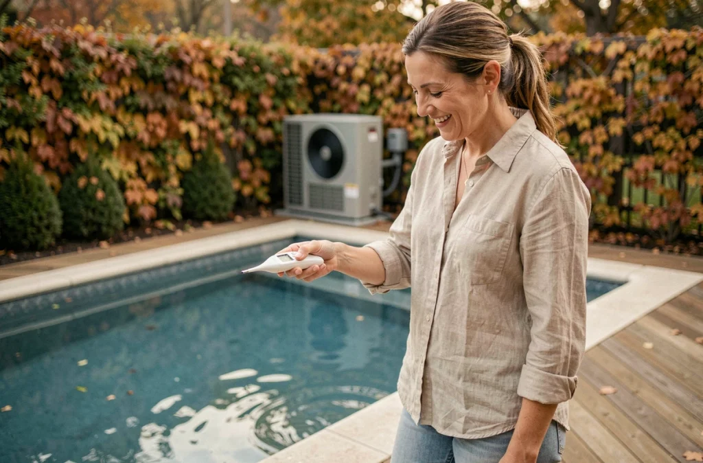 Femme testant la température de l'eau d'une piscine chauffée par pompe à chaleur en automne