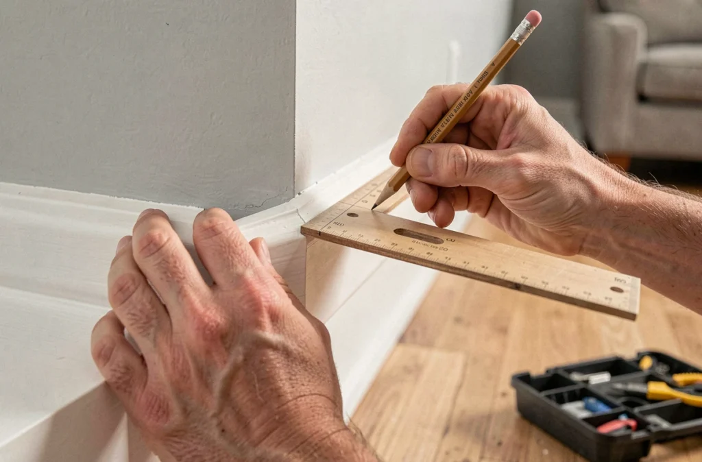 Gros plan de mains traçant un repère de coupe sur une plinthe blanche avec un crayon et une équerre dans un salon en rénovation