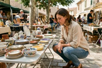 Femme inspectant de la vaisselle vintage sur un vide grenier en plein air à Montpellier