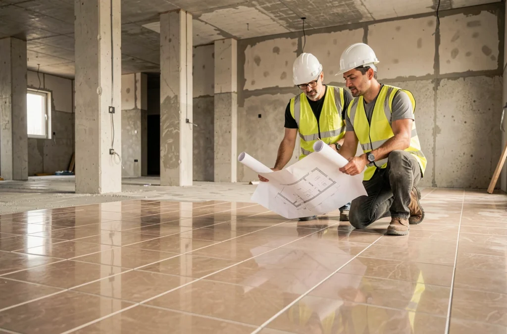 Professionnels de 2CGP Carrelage Construction sur un chantier commercial avec plans et carrelage neuf posé au sol