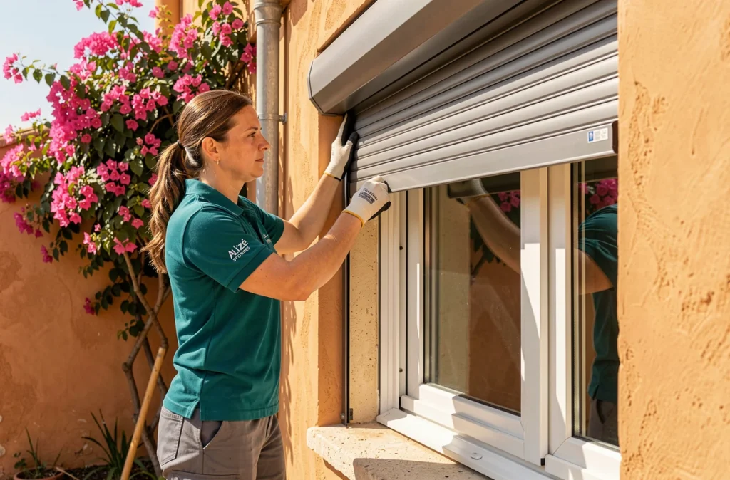 Spécialiste d'Alizé Stores réglant les rails d'un volet roulant installé sur une maison de ville provençale ensoleillée