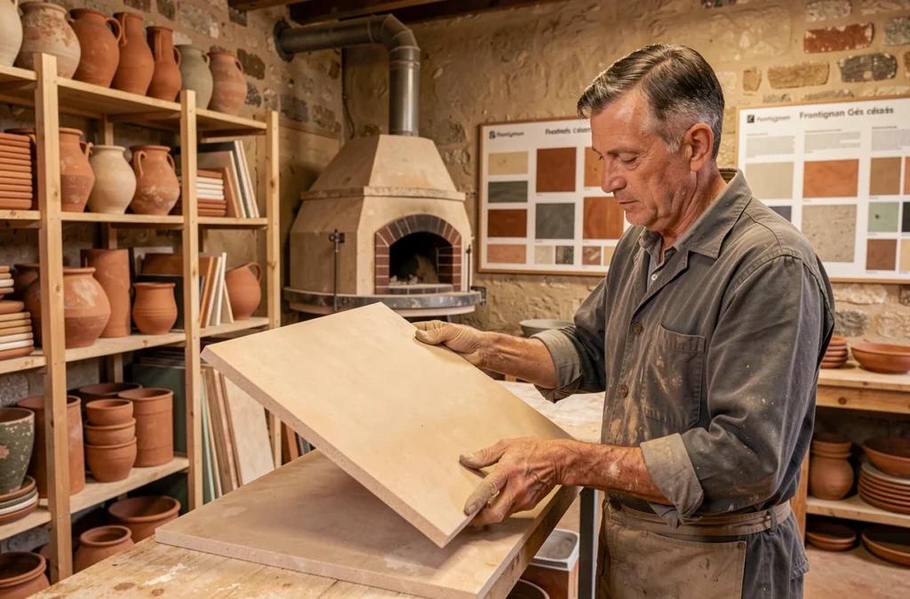 Artisan de l'Atelier Grès Cérame Frontignan inspectant une grande dalle en grès cérame dans un atelier de carrelage spécialisé