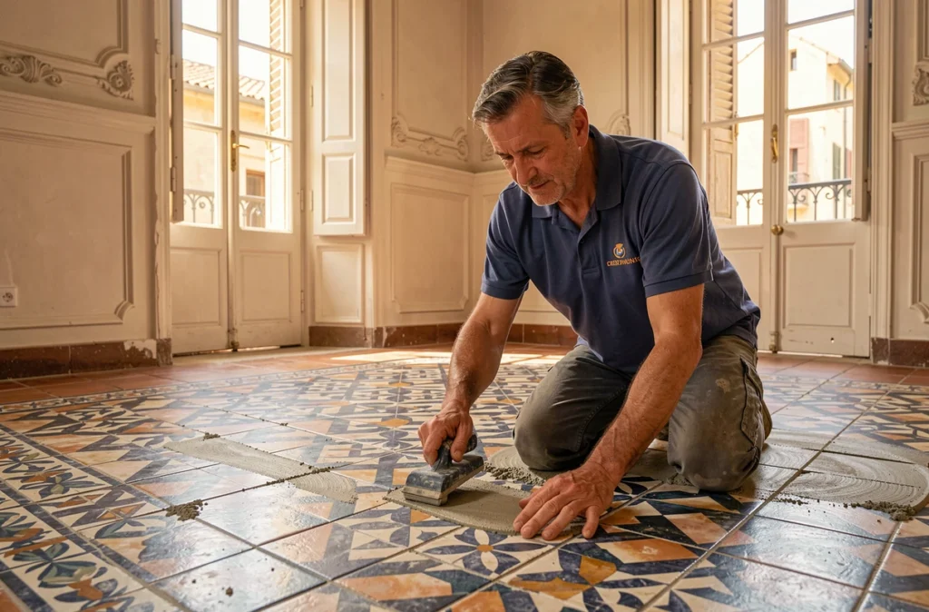 Professionnel de Béziers Carrelage Services jointoie un carrelage mosaïque de style andalou dans une maison de ville de Béziers