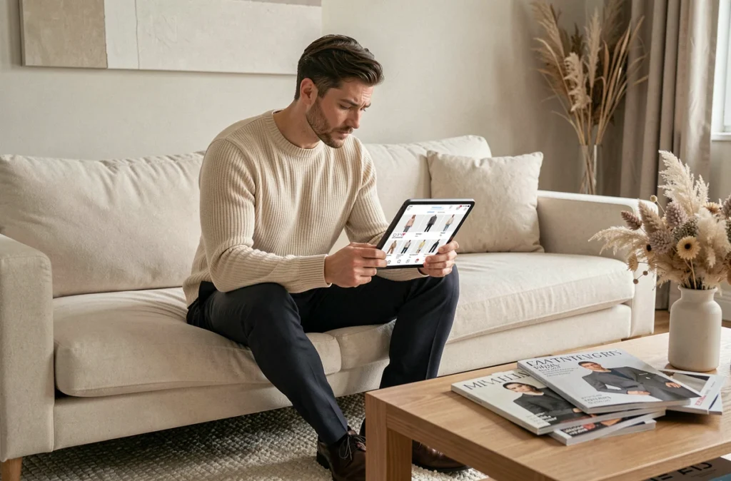 Homme tendance explorant les actualités de mode Callmespring sur tablette dans un salon contemporain