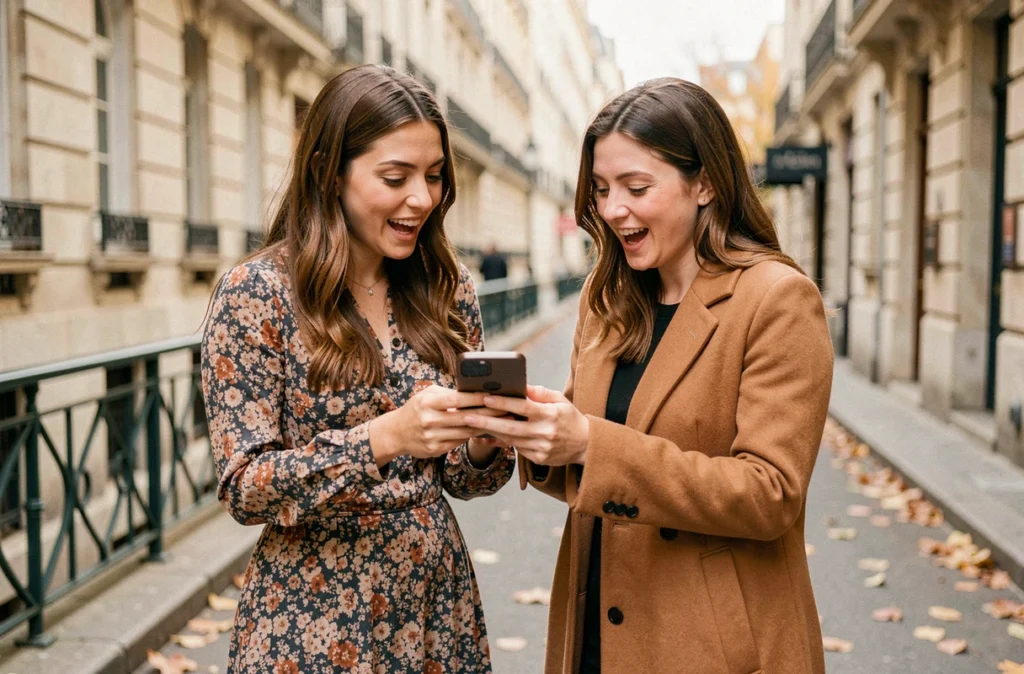 Deux amies consultant les tendances Callmespring sur smartphone dans une rue parisienne en automne