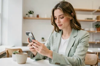 Jeune femme élégante consultant les tendances Callmespring sur Instagram dans un café minimaliste