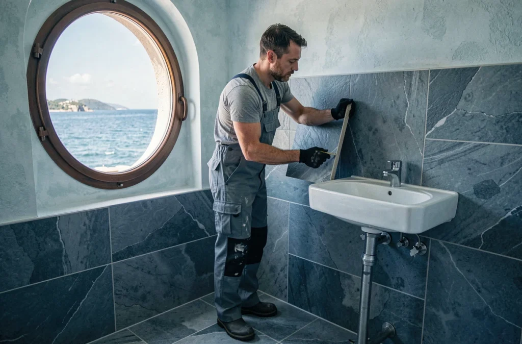 Artisan de Carrelage Méditerranée Sète installant des carreaux effet ardoise dans une salle de bain au style côtier méditerranéen