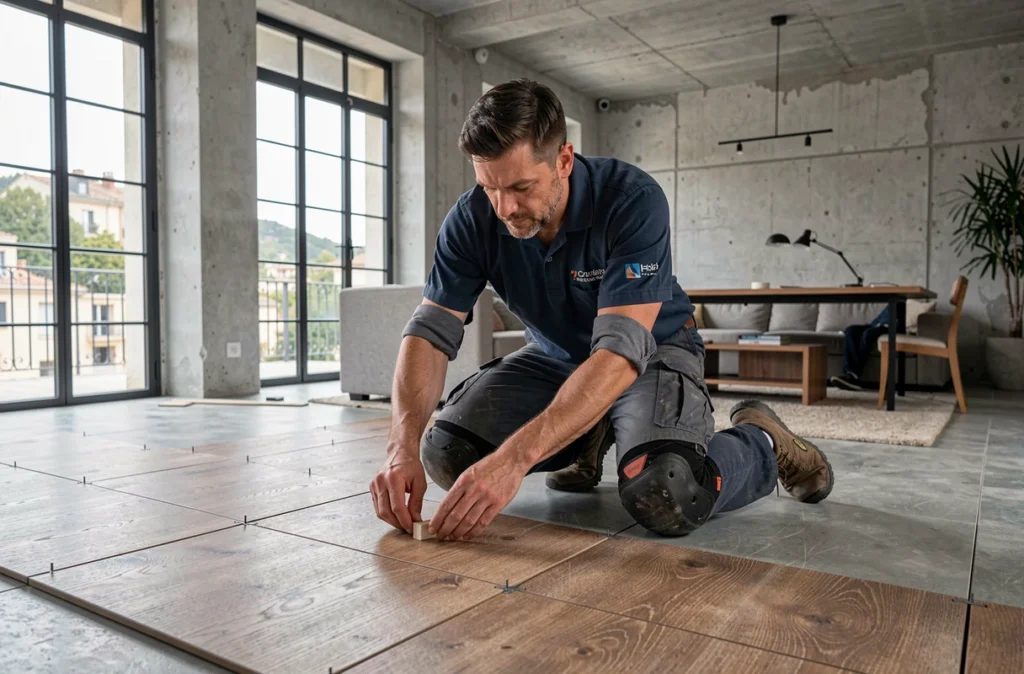 Professionnel des Carrelages de la Mosson alignant des carreaux effet bois dans un espace de vie contemporain du quartier Mosson à Montpellier