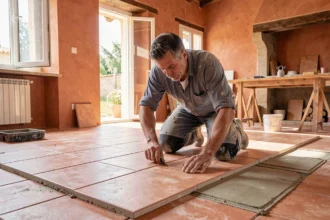 Carreleur professionnel posant du carrelage dans une maison de l'Hérault, illustrant le top 10 des carreleurs de la région