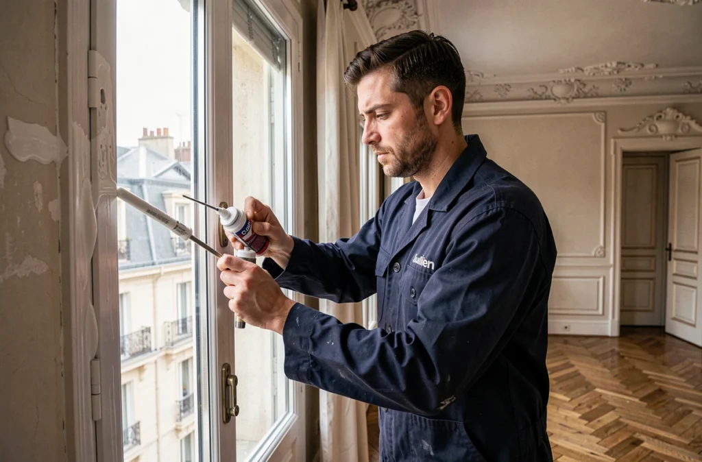 Technicien Com Julien appliquant du mastic autour d'une fenêtre oscillo-battante dans un appartement de style haussmannien en Provence