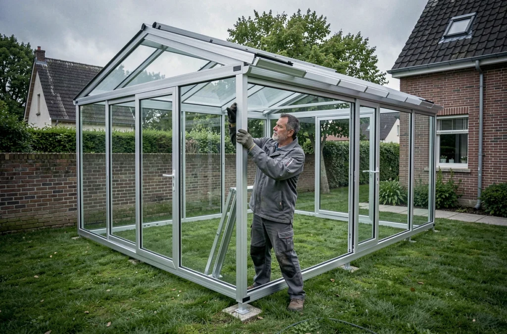 Menuisier spécialiste posant une structure de véranda en aluminium dans un jardin de maison pavillonnaire près de Saint-Omer