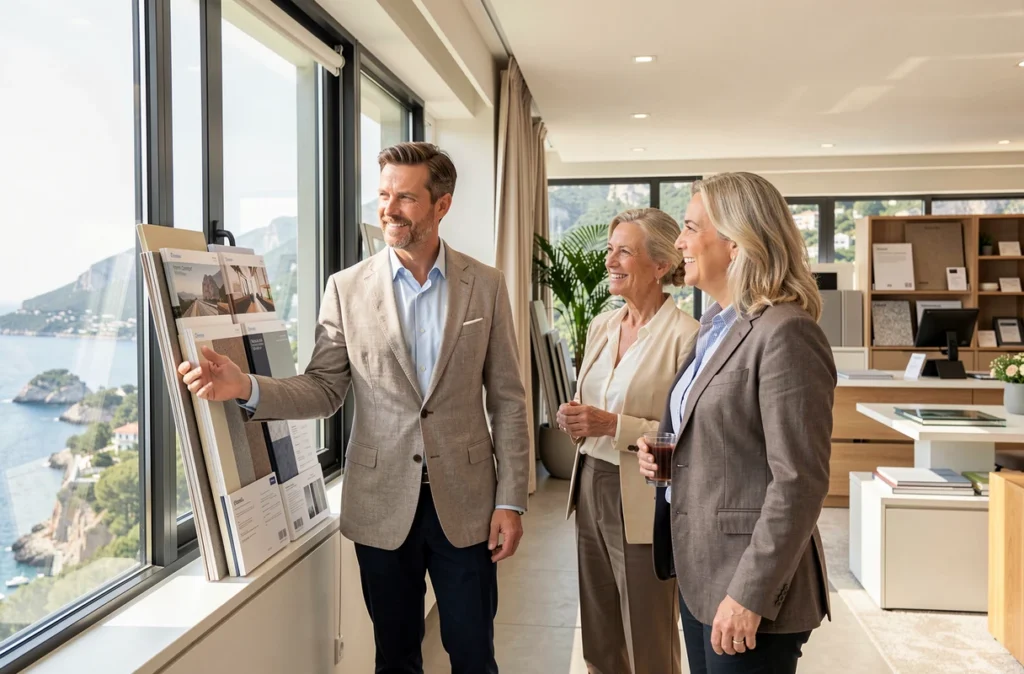 Conseiller commercial de Home Concept Riviera présentant des échantillons de fenêtres à un couple dans un showroom moderne avec vue sur la Côte d'Azur