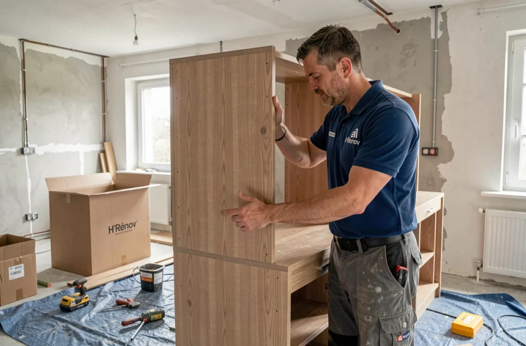 Artisan H'Rénov en train d'installer des meubles de cuisine lors d'une rénovation en Seine-Saint-Denis