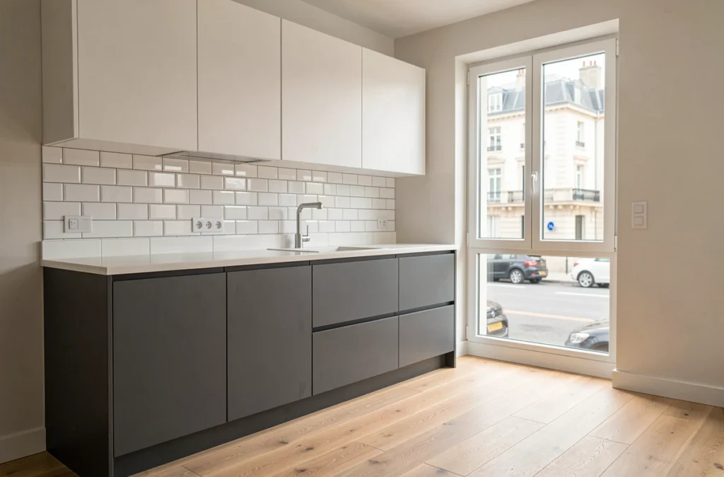 Cuisine bicolore charbon et blanc réalisée par ICEM Rénovation avec crédence en métro et plan Corian