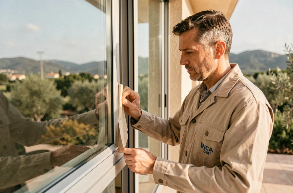 Artisan Inca Sarl scellant une fenêtre coulissante en aluminium sur la façade d'une villa contemporaine dans le Sud de la France