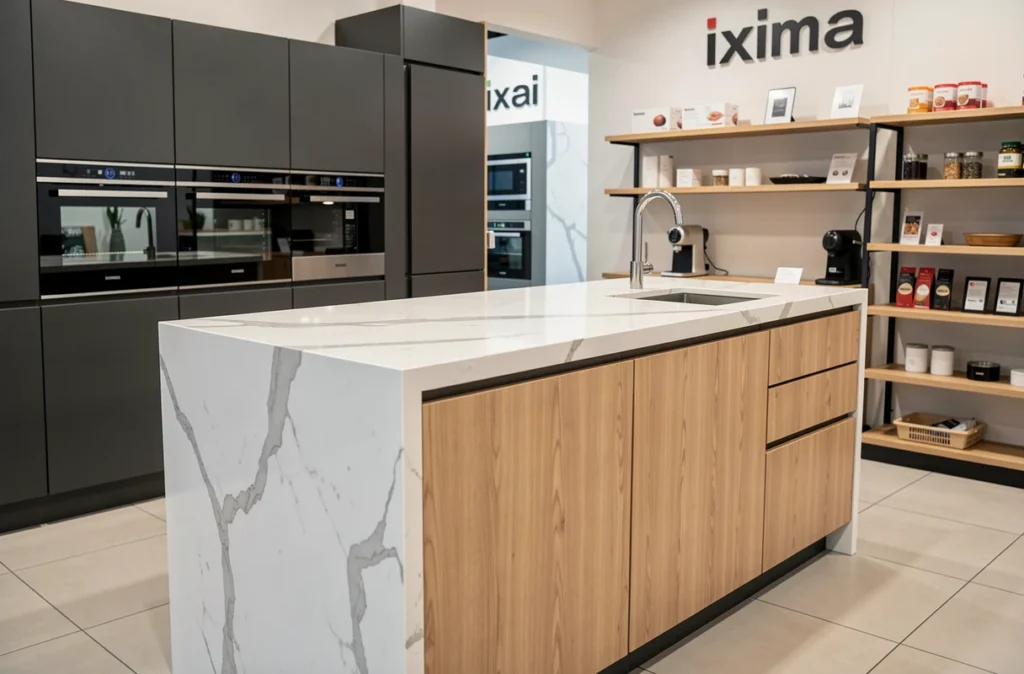 Exposition de cuisine moderne chez Ixina Rosny-sous-Bois avec îlot en quartz et façades anthracite