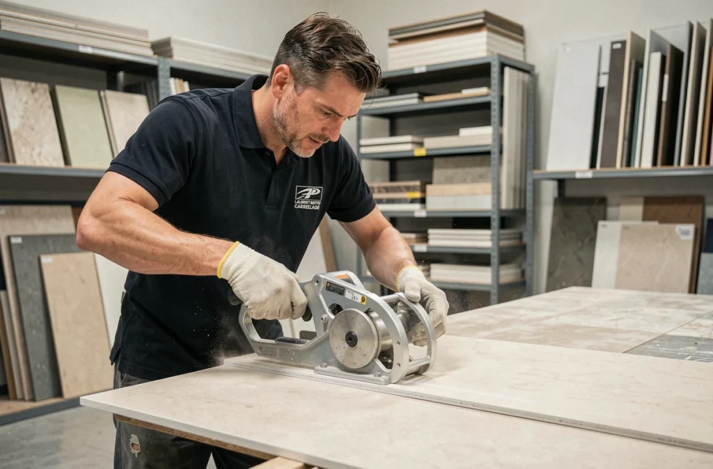 Artisan carreleur de Laurent Bastide Carrelage découpant une dalle en porcelaine dans son atelier professionnel