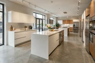 Vue panoramique d'un showroom de cuisinistes en Seine-Saint-Denis avec plusieurs expositions de cuisines modernes