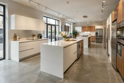 Vue panoramique d'un showroom de cuisinistes en Seine-Saint-Denis avec plusieurs expositions de cuisines modernes