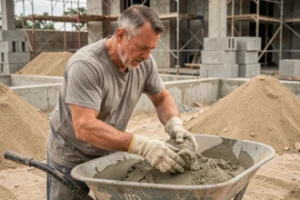 Ouvrier mélangeant du ciment et du sable dans une brouette sur un chantier de construction