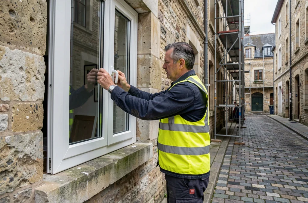 Spécialiste en pose de fenêtres PVC installant un double vitrage sur une façade en pierre à Arras