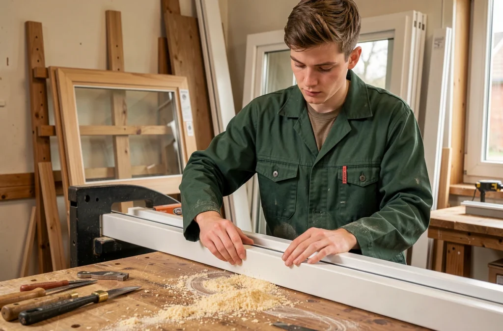 Artisan de Menuiserie Potier Bois PVC travaillant un profilé de fenêtre en PVC dans un atelier de menuiserie bien équipé