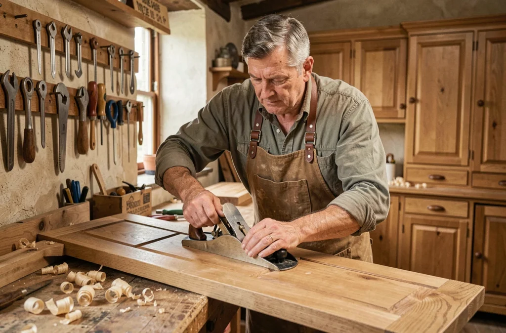 Menuisier artisan rabotant à la main un panneau de porte en chêne massif dans son atelier traditionnel à Hesdin