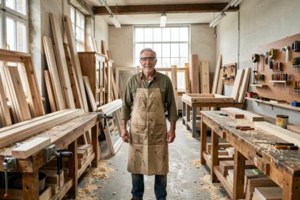 Menuisier professionnel dans son atelier de menuiserie dans le Pas-de-Calais, entouré de bois, fenêtres et outils